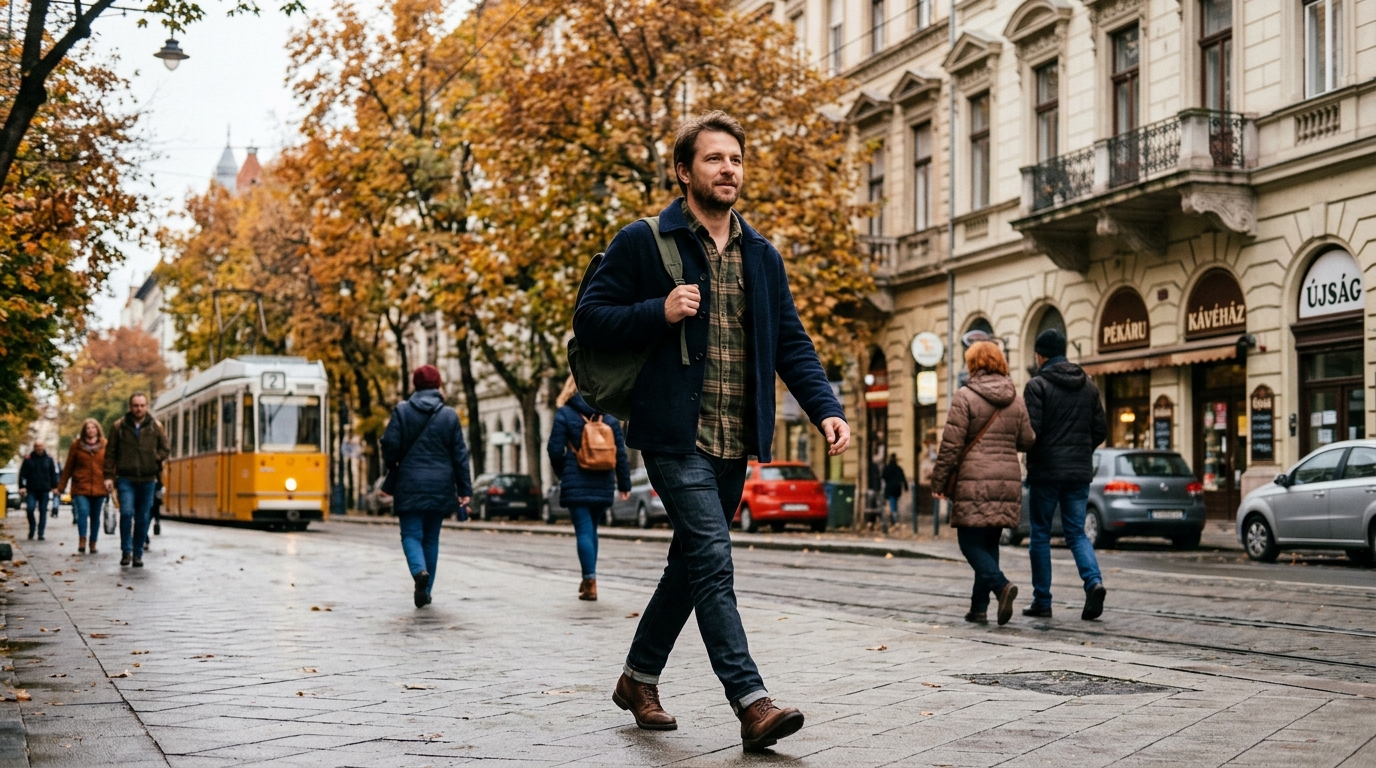 Olvasó férfi sétál egy fásított budapesti utcán