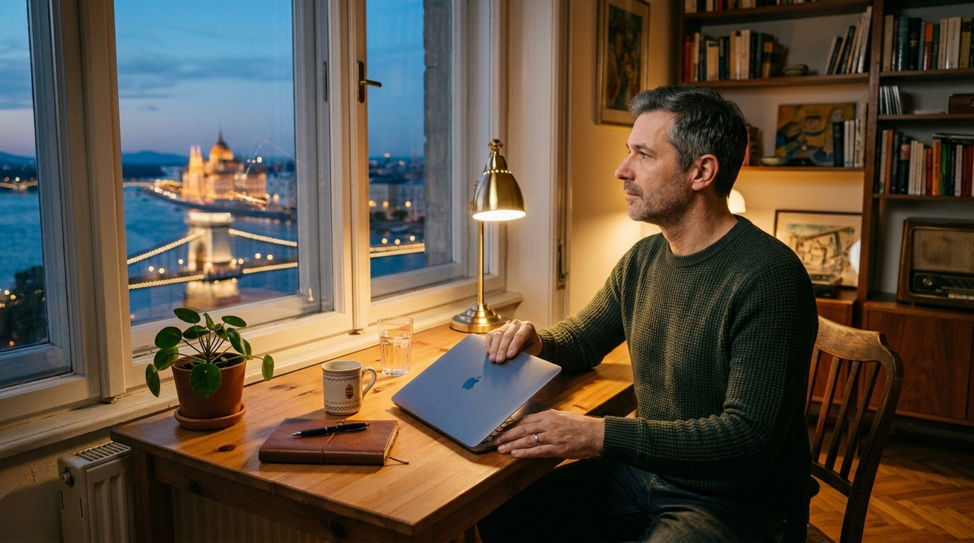 Negyvenes férfi becsukja a laptopját egy budapesti lakásban alkonyatkor
